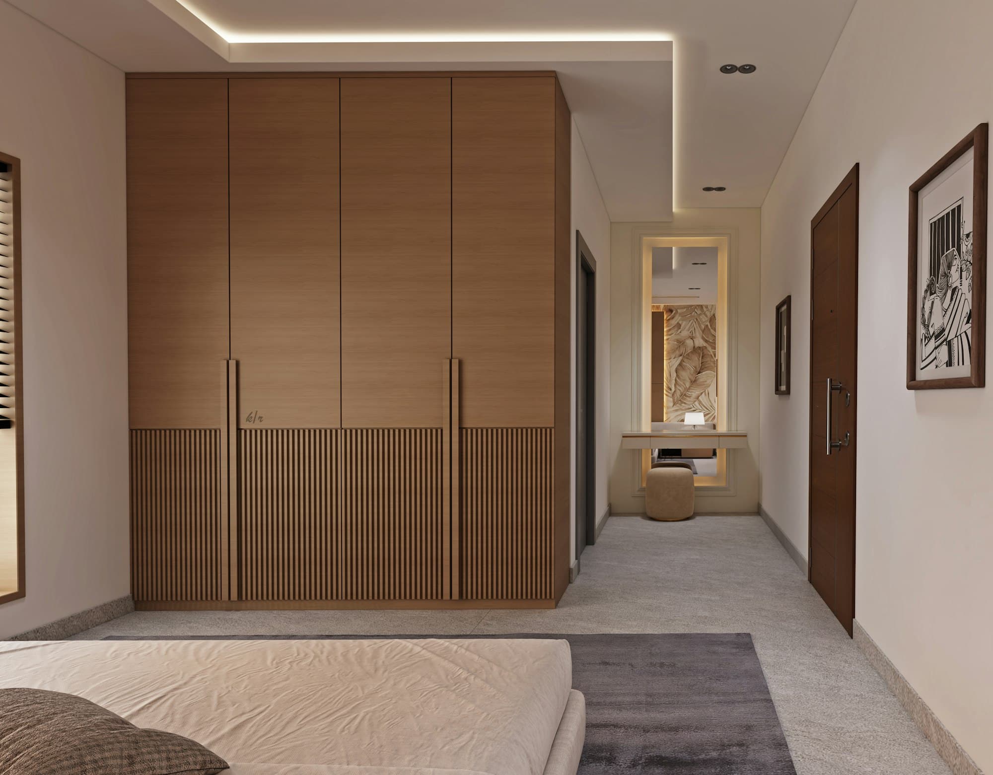 Oak fitted wardrobes with fluted detailing