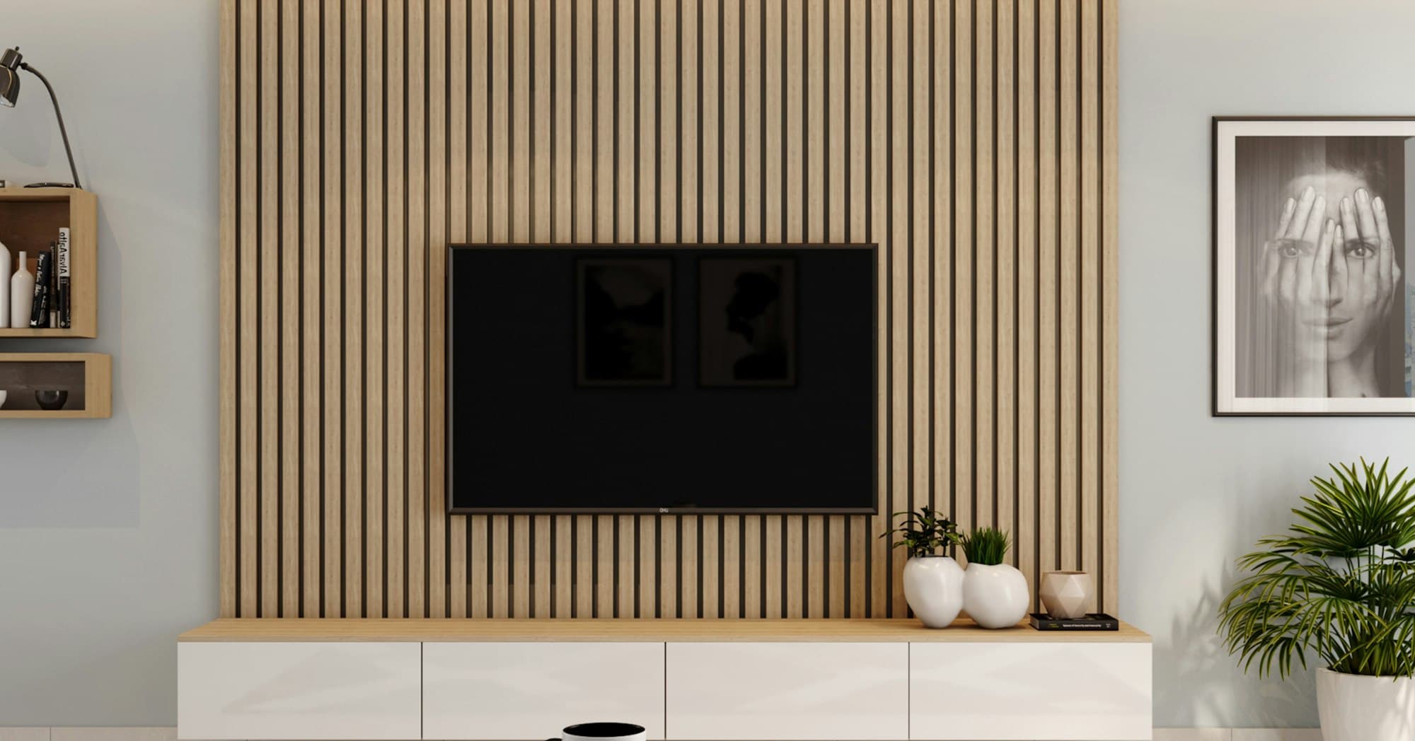 Media wall with oak slat panelling, wall-mounted TV and a floating unit